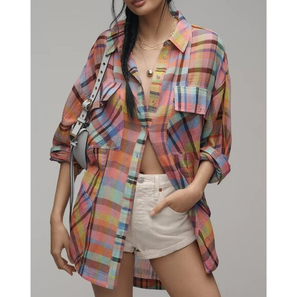 Pilcro Long-Sleeve Mixed Madras Plaid Oversized Buttondown Shirt 2X - Picture 1 of 4